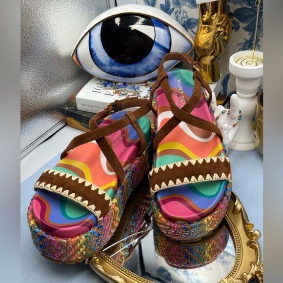 🆕 KURT GEIGER LONDON 🧿 NWOB Chelsea Flatform Sandal, Rainbow Raffia, Sz 37 US7 - Picture 10 of 16